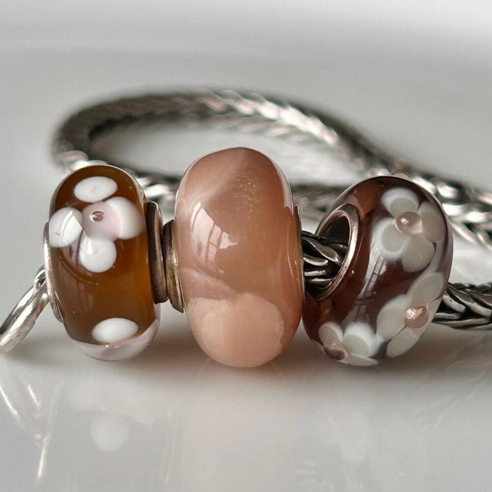 Lot of 3 Artisan Beads - Peach Moonstone & 2 Brown Ivory Glass Textured Flowers